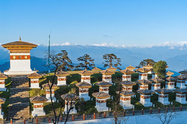 Dochula Pass in Bhutan with 108 memorial chortens