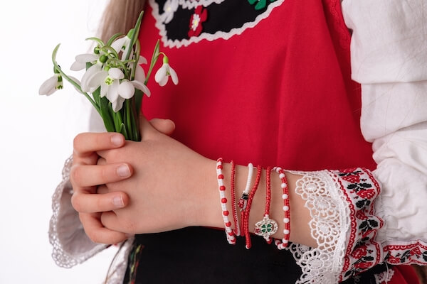 Baba Marta bracelets and traditional spring dress bulgaria folklore baba marta