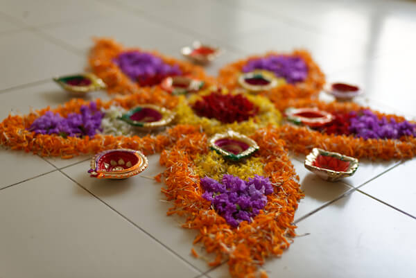 Diwali Flower Rangoli decorations in a home
