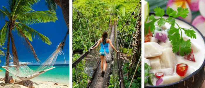 Impressions of Fiji: palm trees, canopy walk, kokoda - the national dish Impressions of Fiji: palm trees, canopy walk, kokoda - the national dish