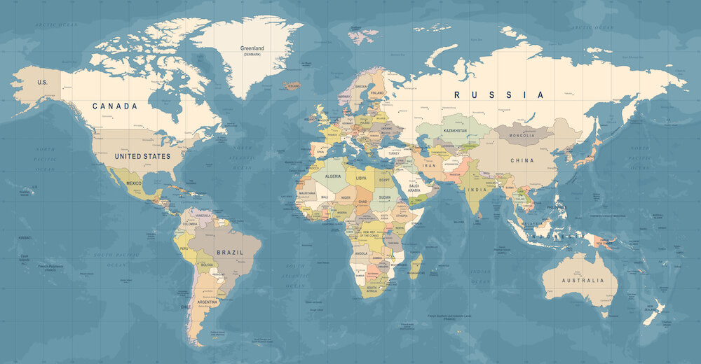 World map with the largest countries - by Kids World Travel Guide/ image: shutterstock