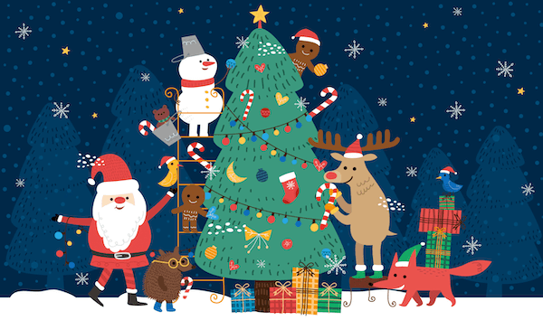 Merry Christmas image vector with Christmas tree and Santa