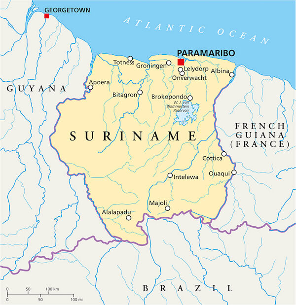 Map of Suriname with neighbouring countries