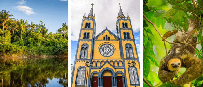 Suriname images: Suriname River by Marcel Bakker, Paramaribo cathedral by Anton Ivanov and Sloth/all by shutterstock.com