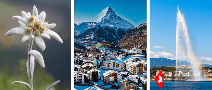 Switzerland header with Edelweiss, Matterhorn and Geneva