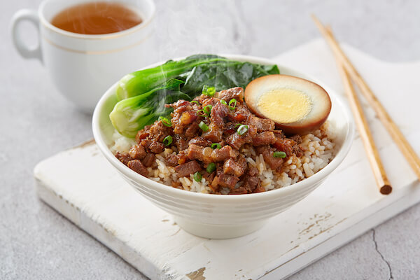 Lu Rou Fan - Taiwanese food: braised pork with rice and  pak choy