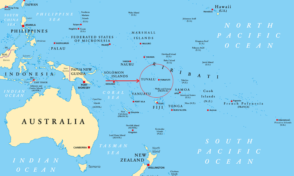 Map of Tuvalu: Tuvalu lies halfway between Australia and Hawaii