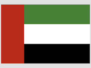 The UAE Flag has a red vertical band on the left hand side and three equally wide horizontal bands in green, white and black.