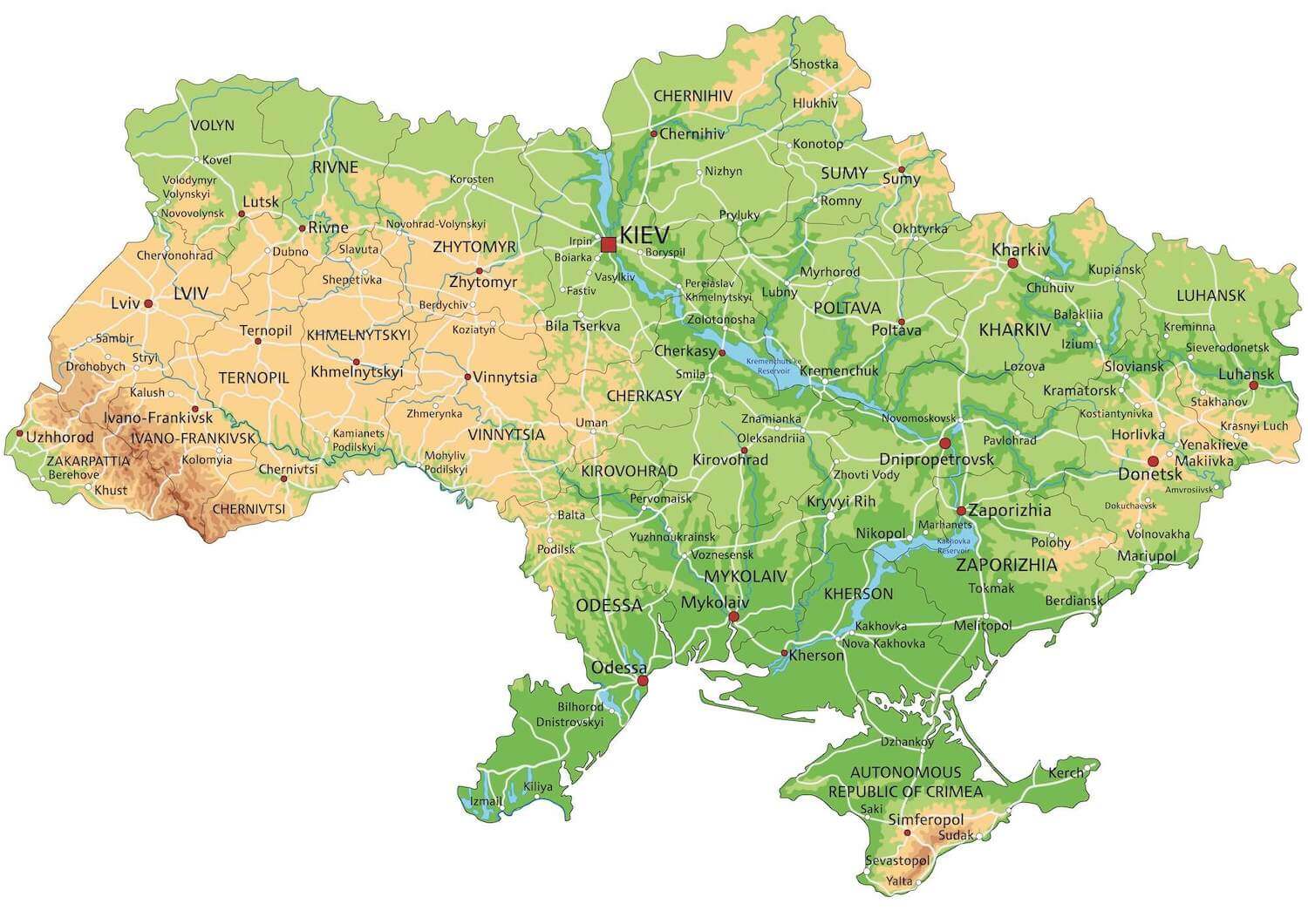 Physical map of Ukraine