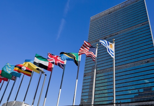 Flags in front of UN building