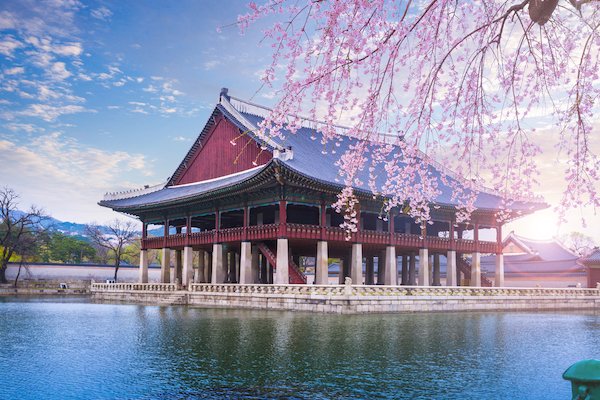 South Korea: Water Pavilion at Gyeongbokgung Palace Gardens in Spring time