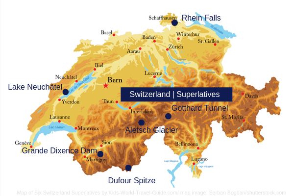 Switzerland Map with Geo Superlatives - map image by Serban Bogdan/shutterstock.com