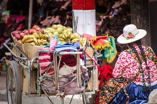 Mujer boliviana vendiendo fruta en el mercado