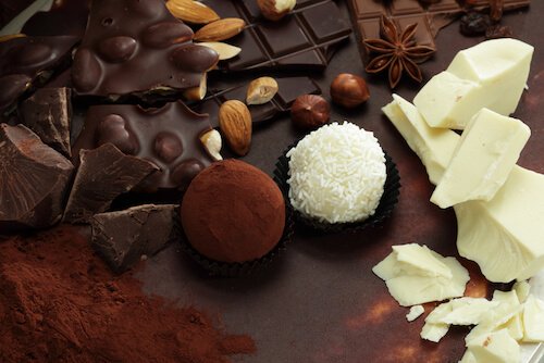 Chocolate slab, nuts and chocolate truffles