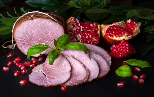 Glazed ham and pomegranates