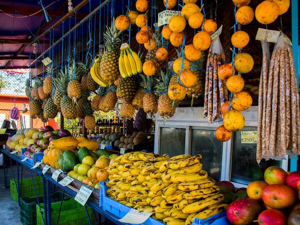 Costa Rica market stall with exotic fruits