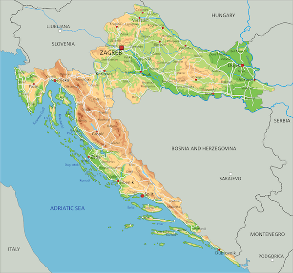 Mapa físico da Croácia 