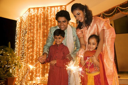 Diwali family celebration with sparklers