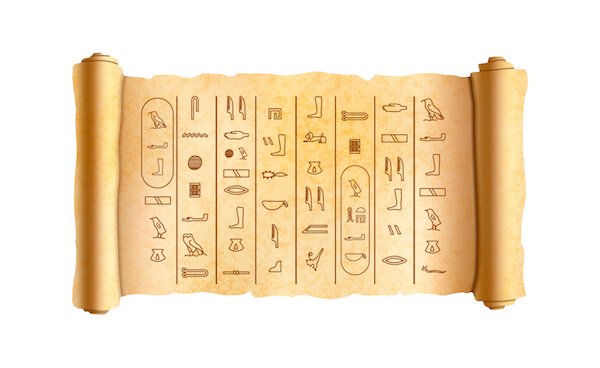 Hieroglyfer (gammal egyptisk skrift) på en papyrusrulle