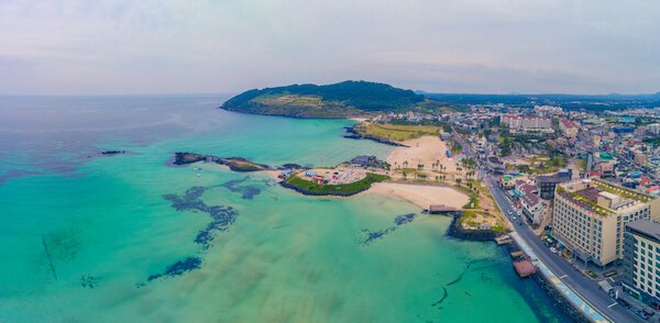Jeju Island in South Korea aerial view of resort and beach