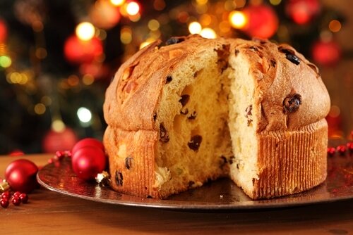 Italian panettone with Christmas decoration