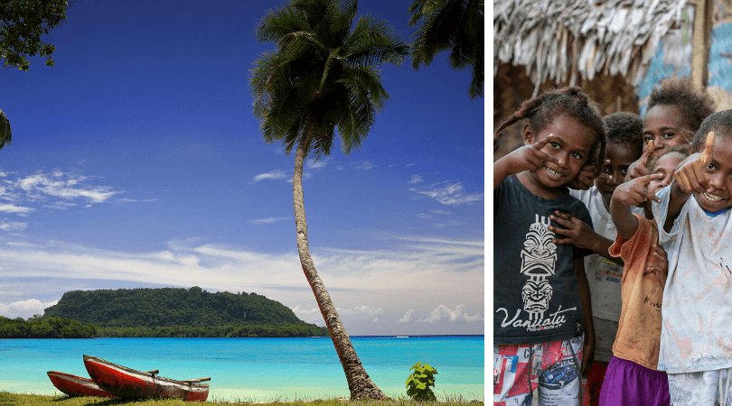 Vanuatu facts: boats on beach by livcool/shutterstock.com and vanuatu kids by JantiraNamwong/shutterstock.com